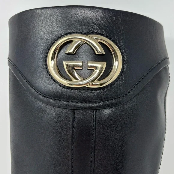Gucci by Tom Ford GG Logo Black Leather Knee High Boots Size 8.5 Vintage - Picture 9 of 16